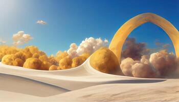 3d render, Surreal desert landscape with yellow arch and white clouds in the blue sky on sunny day. photo