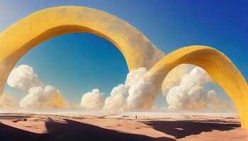 Surreal desert landscape with yellow arches and white clouds in the blue sky. photo