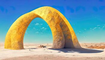 3d abstract dune cliff sand with metallic arches and blue sky surreal minimal desert landscape. photo