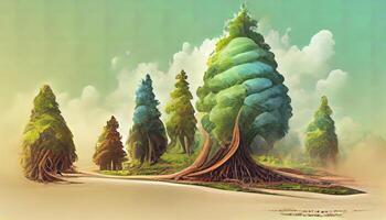 3d illustration of piece of green land isolated, creative travel and tourism off-road design trees. photo