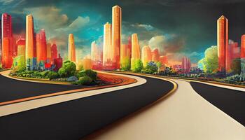 3d illustration of road advertisement. city road isolated, city skyline with piece of land isolated. photo