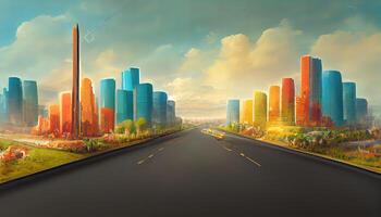 3d illustration of road advertisement. city road isolated, city skyline with piece of land isolated. photo