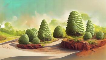 3d illustration of piece of green land isolated, creative travel and tourism off-road design trees. photo