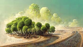 Pine tree in middle of a field and creative travel and tourism off-road design trees. photo