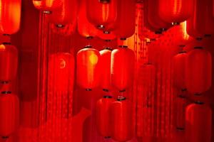 red Chinese lantern decoration room background with hearts shape curtain photo