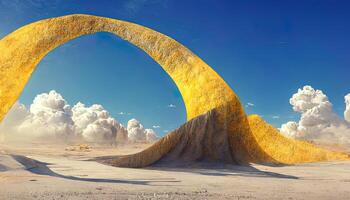 3d abstract dune cliff sand with metallic arches and blue sky surreal minimal desert landscape. photo