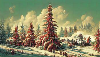 Beautiful christmas tree in winter landscape card background. photo