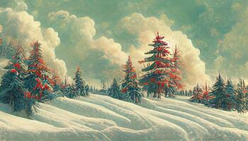 Winter landscape with snow and fir trees as vintage christmas wallpaper, Detailed, colored. photo