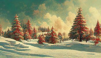 Christmas winter scenery of cold weather and frost christmas tree background. photo