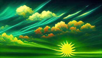 Awesome Solar panels on sky background, Solar power plant, Green electricity, Detailed, colored. photo