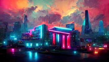 Futuristic city background with neon illumination. photo