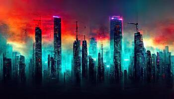 Vector neon megapolis background with speed train. photo