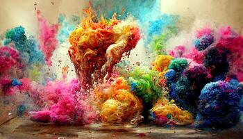 Abstract fantasy colorful pigment background. Explosion powder rainbow colors on black background. photo