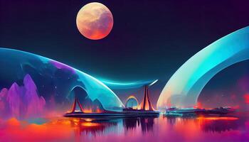 Modern futuristic neon abstract background. Large object in the center, space background. Dark scene with neon light. Reflection of light on a wet. photo