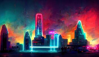 Background with night city in neon lights. photo