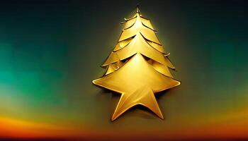 decorado con rojo estrella y dorado y rojo pelotas Navidad árbol en contra azul cielo antecedentes. generativo ai foto