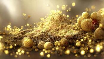 Gold Particle Glitter Luxury Background. Falling gold confetti with magic light. Gold particles glisten in the air photo