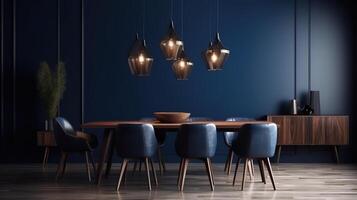 Home mockup, modern dark blue dining room interior with brown leather chairs. photo