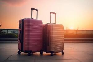 Two luggage suitcases in airport terminal. Travel concept. photo