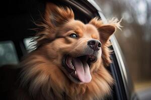 Happy dog looks out from car window. Road trip with dog. photo