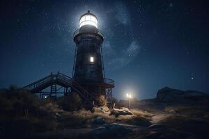 Lighthouse in sea at starry night. Navigation for ships. photo