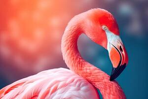 Close up portrait of flamingo bird on pastel colored background. photo