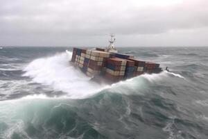 destrozado carga Embarcacion con contenedores en Tormentoso mar con grande ondas. generativo ai foto