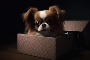 Cute dog looking out from gift box. Pet as present. photo