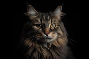 enojado gato retrato en oscuro fondo, cerca arriba disparo. generativo ai foto
