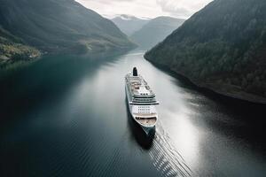 grande crucero Embarcacion en fiordos turismo vacaciones y verano de viaje. generativo ai foto