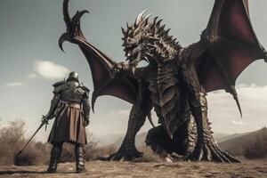 Man stands in front of huge dragon, fantasy world. photo