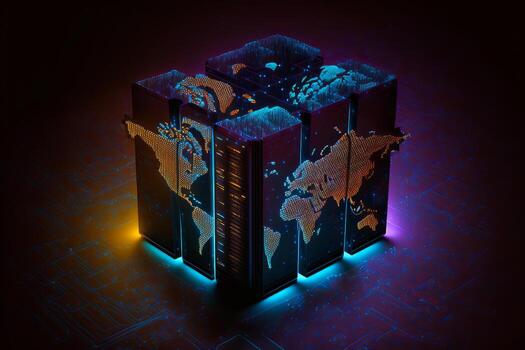 Abstract technology background with data server transfer to global map. photo