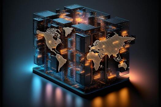 Abstract technology background with data server transfer to global map. photo