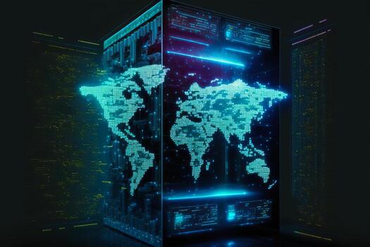 Abstract technology background with data server transfer to global map. photo