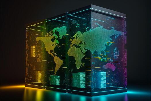 Abstract technology background with data server transfer to global map. photo