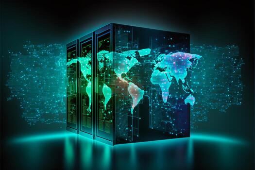 Abstract technology background with data server transfer to global map. photo