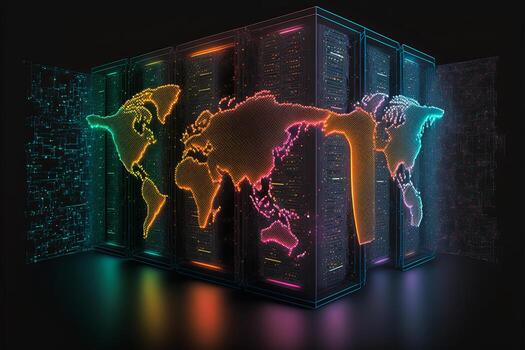 Abstract technology background with data server transfer to global map. photo