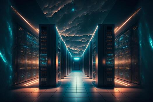 Server room data center with cinematic lighting. photo