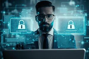 Businessman with digital cybersecurity protection concept. photo
