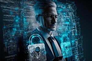 Businessman with digital cybersecurity protection concept. photo