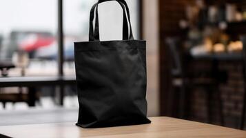 , Realistic black tote canvas fabric bag set-up in at interior or outdoor, shopper mock up blank. photo