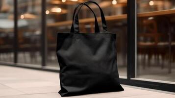 , Realistic black tote canvas fabric bag set-up in at interior or outdoor, shopper mock up blank. photo