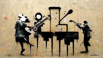 , Street art with keys and musical instruments silhouettes. Ink graffiti art on a textured paper vintage background, inspired by Banksy photo