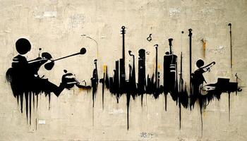 , Street art with keys and musical instruments silhouettes. Ink graffiti art on a textured paper vintage background, inspired by Banksy photo