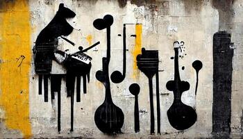 , Street art with keys and musical instruments silhouettes. Ink graffiti art on a textured paper vintage background, inspired by Banksy photo