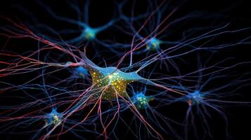 , Conceptual illustration of neuron cells with glowing link knots in abstract dark space, high resolution. Human nervous system, neural network photo
