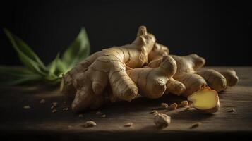 , ginger root spice photorealistic illustartion on dark background. photo