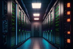 Server room data center with cinematic lighting. photo