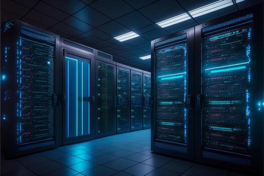 Server room data center with cinematic lighting. photo