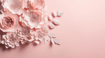 , Paper cut craft flowers and leaves, light pink color, floral origami textured background, spring mood. Photorealistic effect. photo